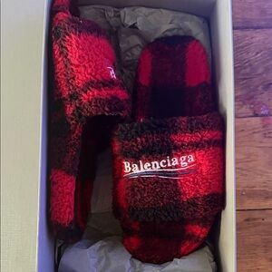 Balenciaga Red and Black Checkered Slippers